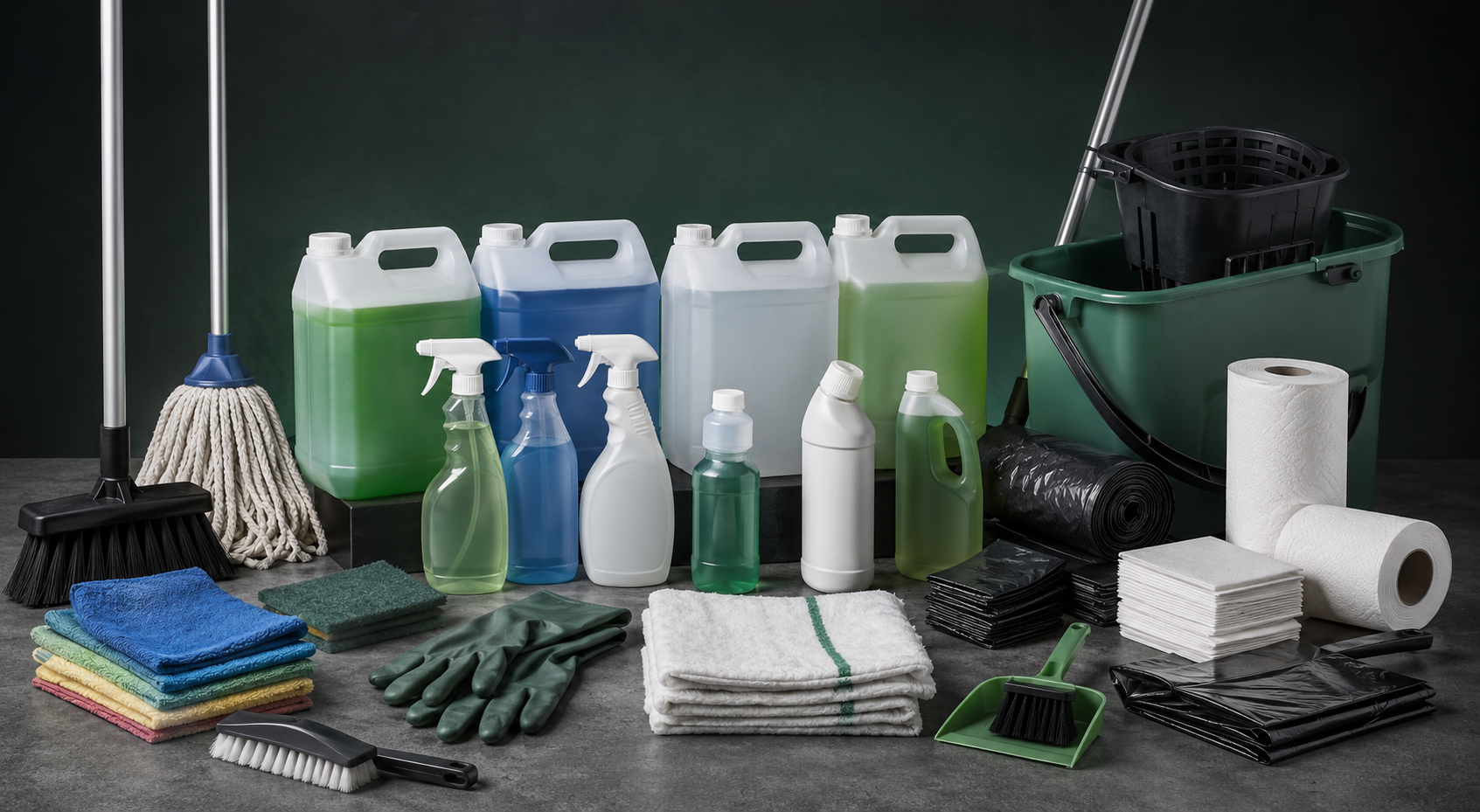 Brand-neutral commercial cleaning chemicals, equipment and consumables